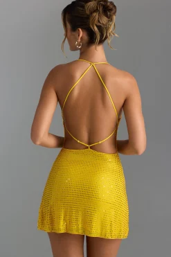 Oh Polly Party Dresses | Birthday^Embellished Halterneck Mini Dress in Buttercup