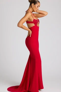 Oh Polly Embellished Dresses^Embellished Heart Cup Detail Evening Gown in Fire Red FireRed