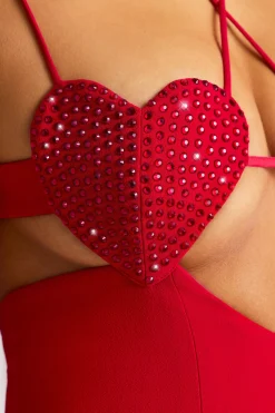 Oh Polly Embellished Dresses^Embellished Heart Cup Detail Evening Gown in Fire Red FireRed
