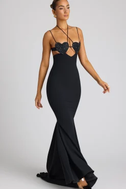 Oh Polly Embellished Dresses^Embellished Heart Cup Detail Evening Gown in Black