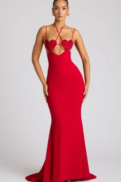 Oh Polly Embellished Dresses^Embellished Heart Cup Detail Evening Gown in Fire Red FireRed