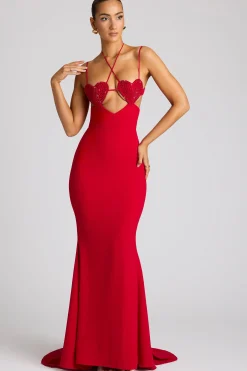 Oh Polly Embellished Dresses^Embellished Heart Cup Detail Evening Gown in Fire Red FireRed