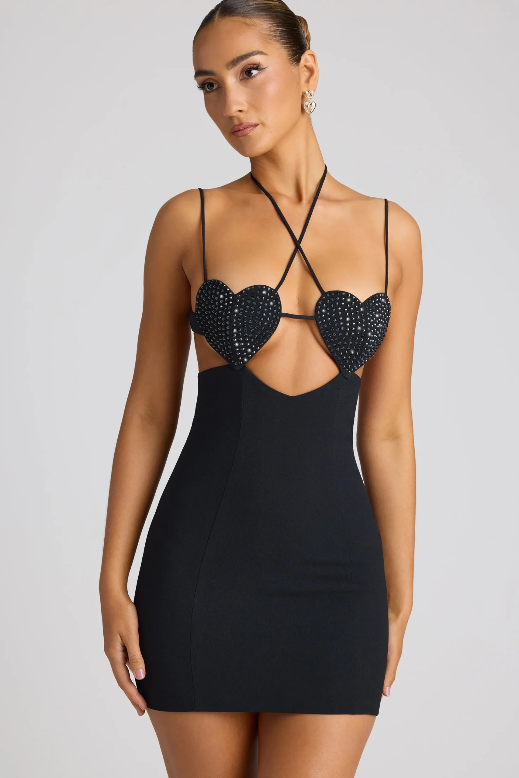 Oh Polly Embellished Dresses^Embellished Heart Cup Detail Mini Dress in Black