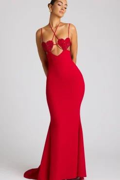 Oh Polly Embellished Dresses^Embellished Heart Cup Detail Evening Gown in Fire Red FireRed