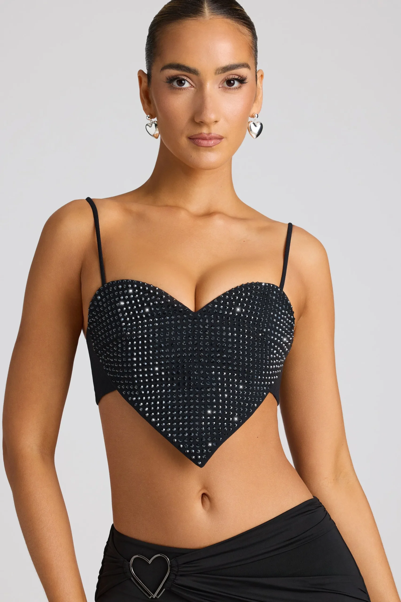 Oh Polly Women'S Clothing Sale - $65 And Under | Party Dresses^Embellished Heart Detail Crop Top in Black