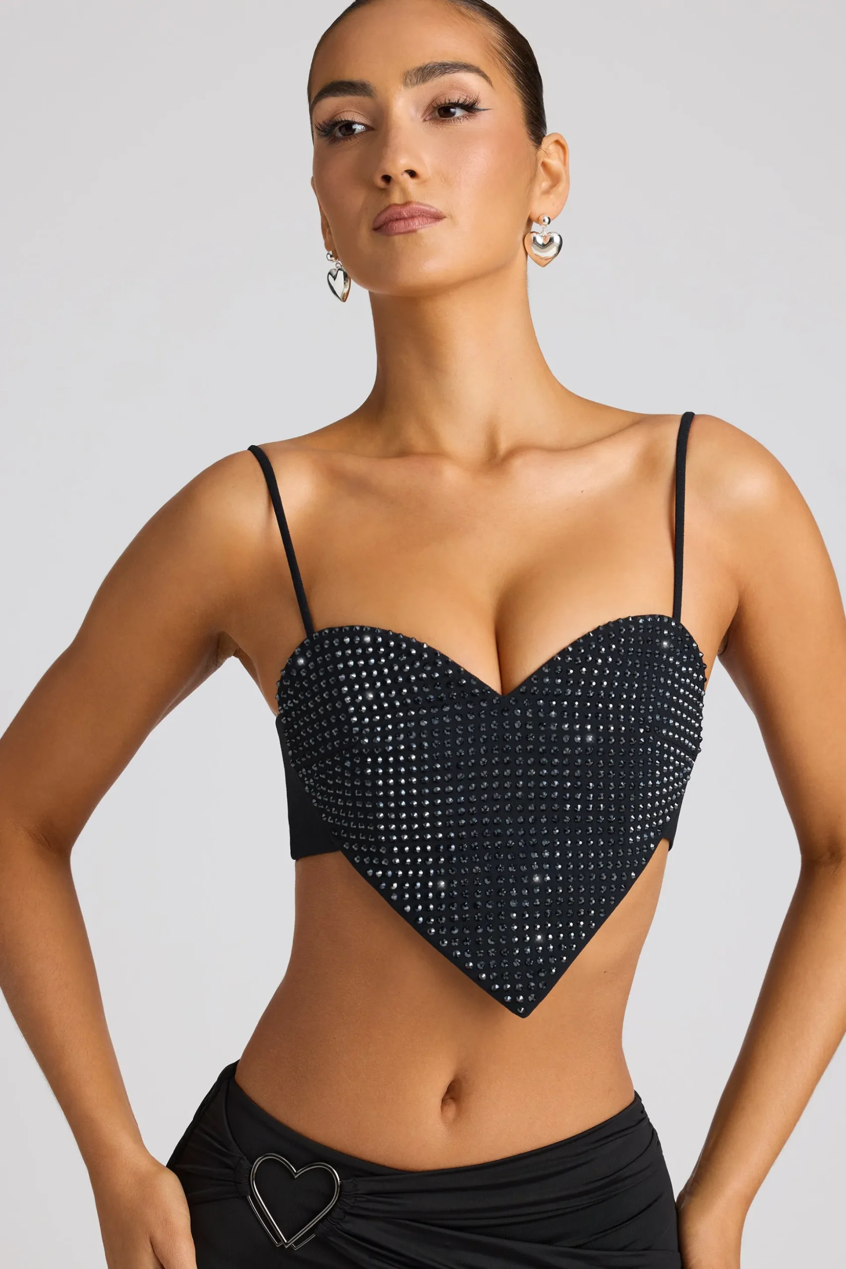 Oh Polly Women'S Clothing Sale - $65 And Under | Party Dresses^Embellished Heart Detail Crop Top in Black