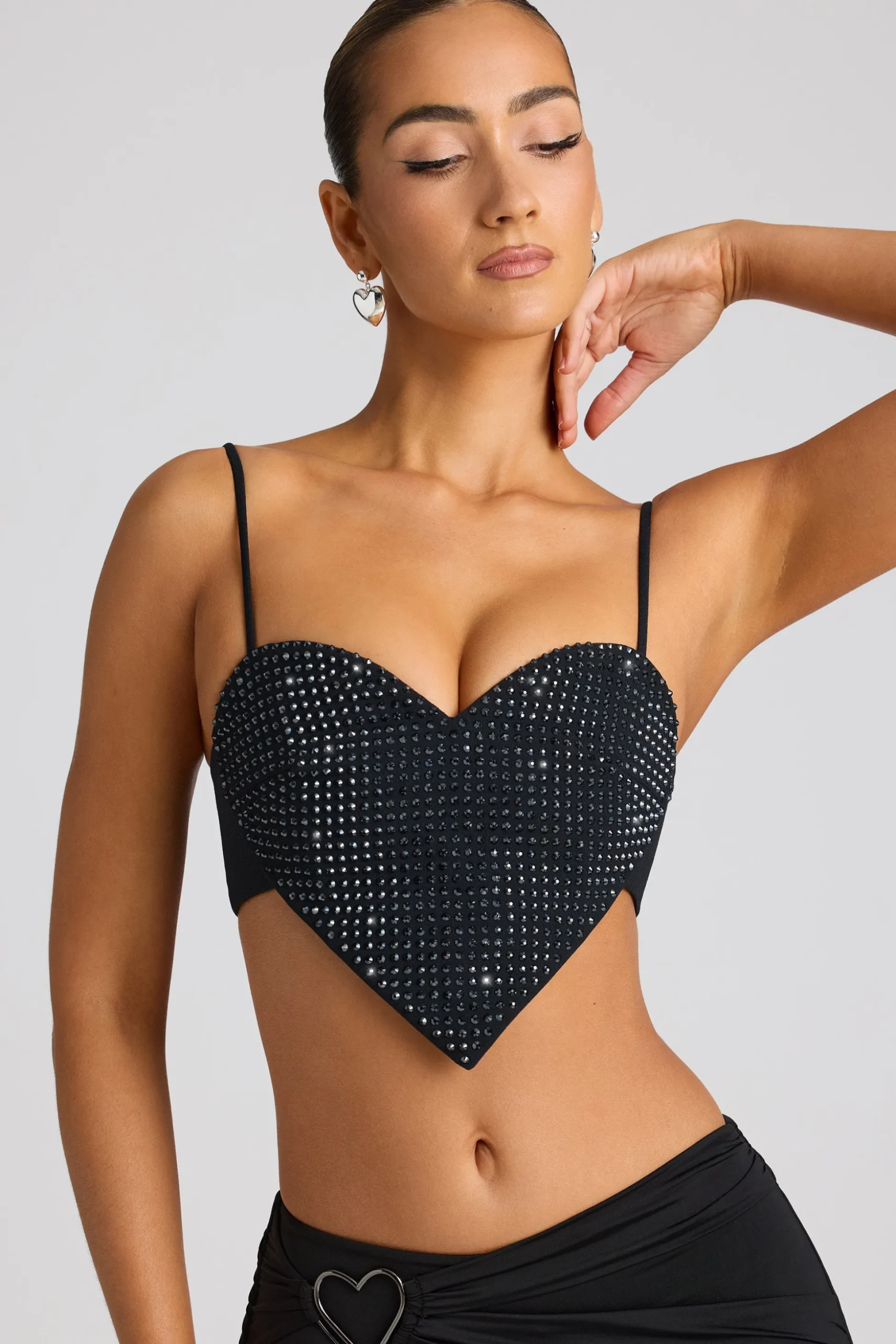 Oh Polly Women'S Clothing Sale - $65 And Under | Party Dresses^Embellished Heart Detail Crop Top in Black