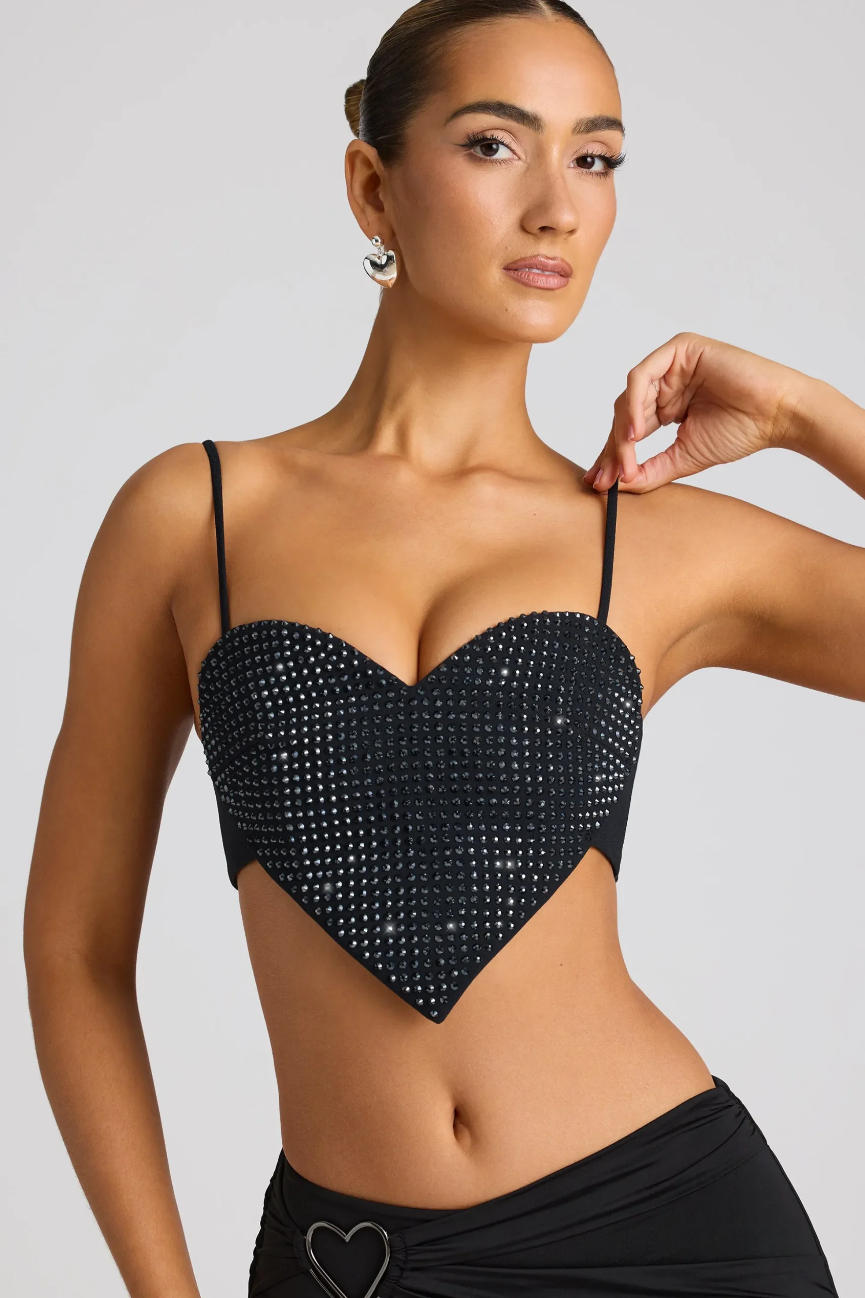 Oh Polly Women'S Clothing Sale - $65 And Under | Party Dresses^Embellished Heart Detail Crop Top in Black