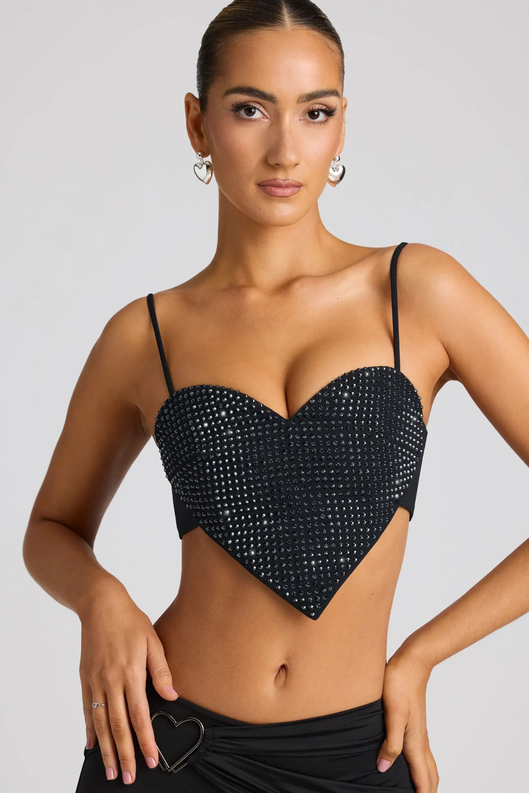 Oh Polly Women'S Clothing Sale - $65 And Under | Party Dresses^Embellished Heart Detail Crop Top in Black
