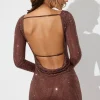 Oh Polly Party Dresses | Birthday^Embellished High Neck Cowl Back Mini Dress in Espresso