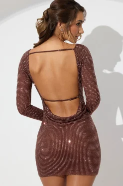 Oh Polly Party Dresses | Birthday^Embellished High Neck Cowl Back Mini Dress in Espresso