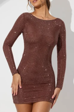 Oh Polly Party Dresses | Birthday^Embellished High Neck Cowl Back Mini Dress in Espresso