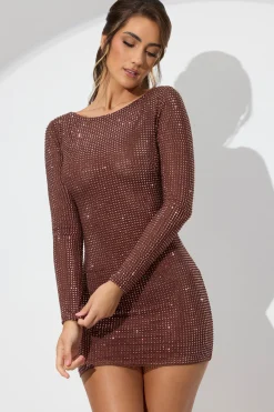 Oh Polly Party Dresses | Birthday^Embellished High Neck Cowl Back Mini Dress in Espresso