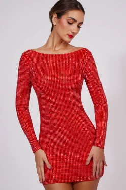 Oh Polly Party Dresses | Homecoming Dresses^Embellished High Neck Cowl Back Mini Dress in Fire Red FireRed
