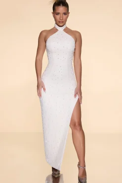 Oh Polly Party Dresses | Bride To Be^Embellished High Neck Split Maxi Dress in Ivory