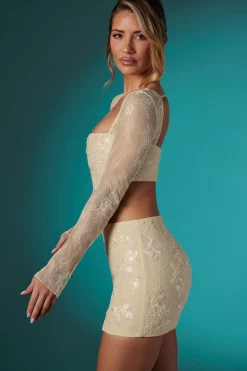 Oh Polly Women'S Clothing Sale - $65 And Under | Women'S Clothing Sale - $40 And Under^Embellished Lace Bodycon Mini Skirt in Ivory