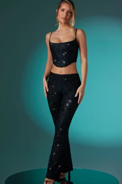 Oh Polly Bottoms^Embellished Lace Low Rise Trousers in Black