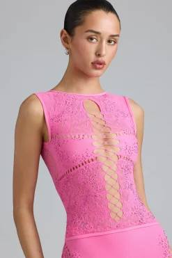 Oh Polly Women'S Clothing Sale - $65 And Under | Women'S Clothing Sale - $40 And Under^Embellished Lace-Up High-Neck Top in Bubblegum Pink BubblegumPink
