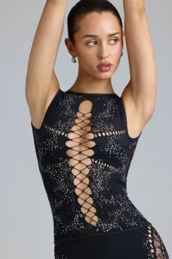 Oh Polly Women'S Clothing Sale - $65 And Under | Women'S Clothing Sale - $40 And Under^Embellished Lace-Up High-Neck Top in Black