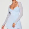 Oh Polly Party Dresses | Birthday^Embellished Long Sleeve Angled Hem Mini Dress in Blue