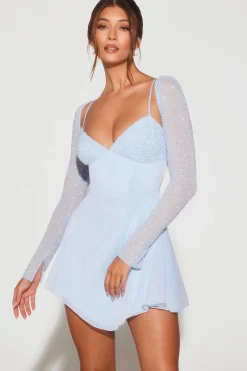 Oh Polly Party Dresses | Birthday^Embellished Long Sleeve Angled Hem Mini Dress in Blue