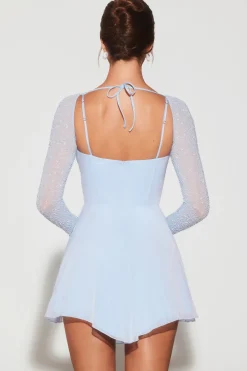 Oh Polly Party Dresses | Birthday^Embellished Long Sleeve Angled Hem Mini Dress in Blue