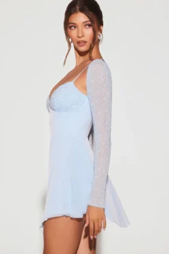 Oh Polly Party Dresses | Birthday^Embellished Long Sleeve Angled Hem Mini Dress in Blue