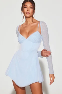 Oh Polly Party Dresses | Birthday^Embellished Long Sleeve Angled Hem Mini Dress in Blue