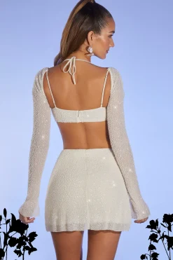 Oh Polly Co-Ords | Tops^Embellished Long Sleeve Crop Top in Ivory