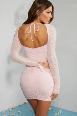 Oh Polly Party Dresses | Birthday^Embellished Long Sleeve Mini Dress in Blush