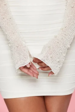 Oh Polly Party Dresses | Birthday^Embellished Long Sleeve Mini Dress in White