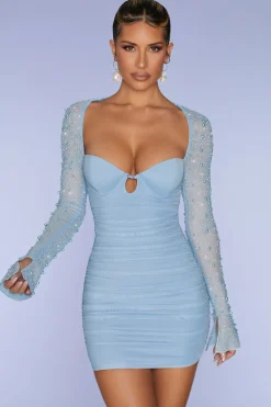 Oh Polly Party Dresses | Birthday^Embellished Long Sleeve Mini Dress in Blue
