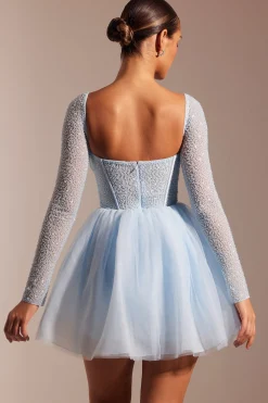 Oh Polly Party Dresses | Birthday^Embellished Long Sleeve Tulle Skirt Mini Dress in Blue