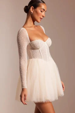 Oh Polly Party Dresses | Birthday^Embellished Long Sleeve Tulle Skirt Mini Dress in Ivory