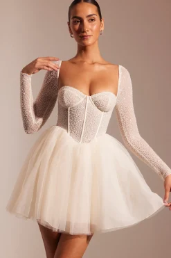 Oh Polly Party Dresses | Birthday^Embellished Long Sleeve Tulle Skirt Mini Dress in Ivory