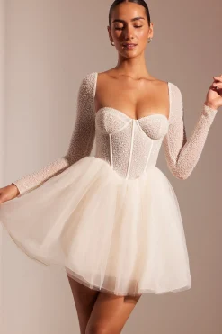 Oh Polly Party Dresses | Birthday^Embellished Long Sleeve Tulle Skirt Mini Dress in Ivory