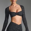 Oh Polly Co-Ords | Tops^Embellished Long-Sleeve Crop Top in Black