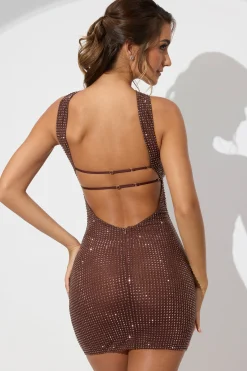 Oh Polly Party Dresses | Birthday^Embellished Low Back Neck Strap Mini Dress in Espresso