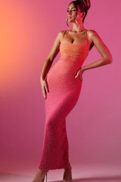 Oh Polly Party Dresses | Birthday^Embellished Maxi Dress in Red and Orange Ombré RedandOrangeOmbre