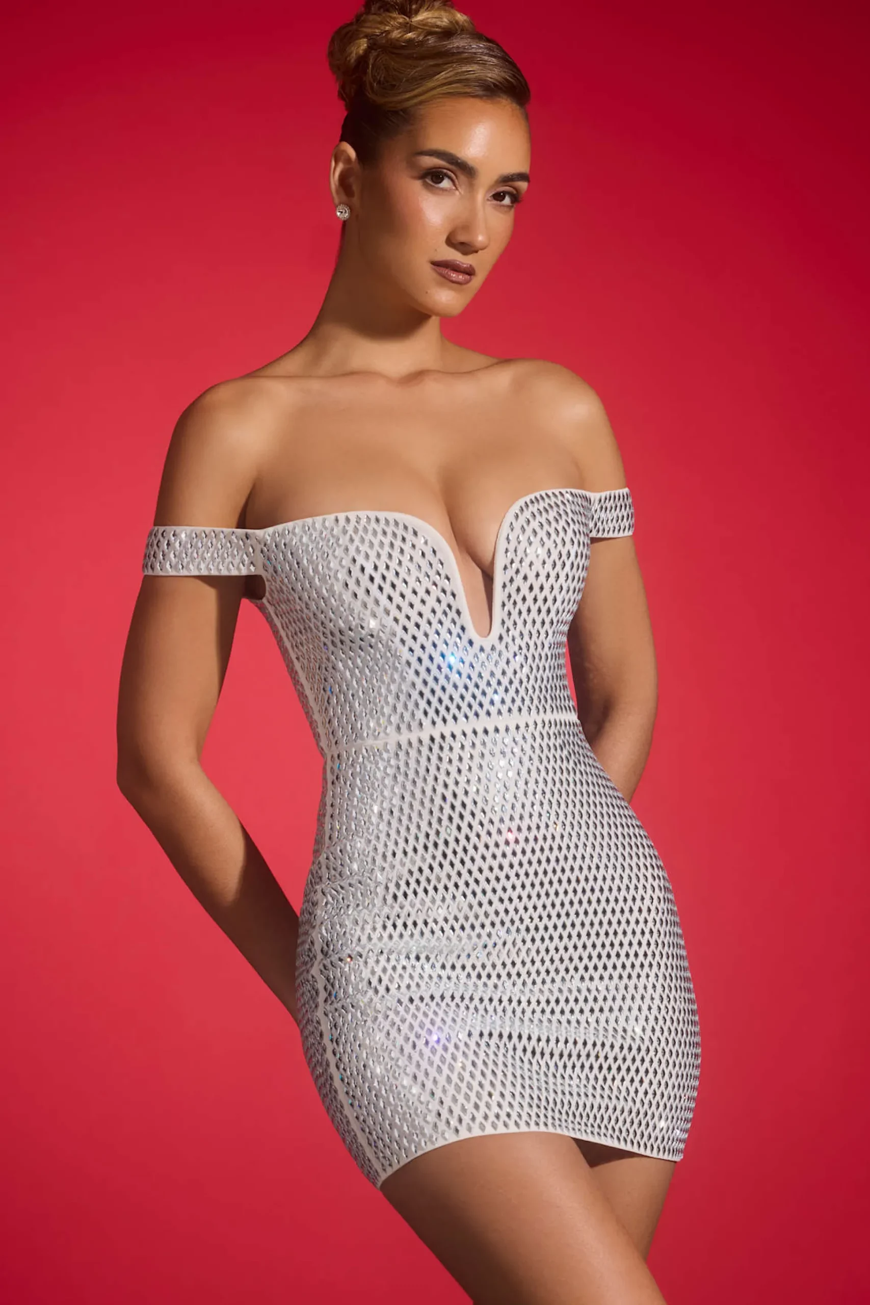 Oh Polly Party Dresses | Birthday^Embellished Off-Shoulder Mini Dress in White