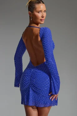 Oh Polly Party Dresses | Birthday^Embellished Open-Back A-Line Mini Dress in Cobalt Blue CobaltBlue