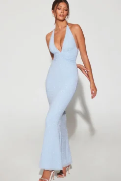 Oh Polly Wedding Guest | Party Dresses^Embellished Plunge Halter Neck Evening Gown in Blue
