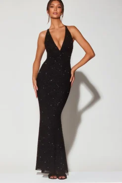 Oh Polly Wedding Guest | Party Dresses^Embellished Plunge Halter Neck Evening Gown in Black