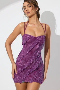 Oh Polly Party Dresses | Birthday^Embellished Ruffle Mini Dress in Plum