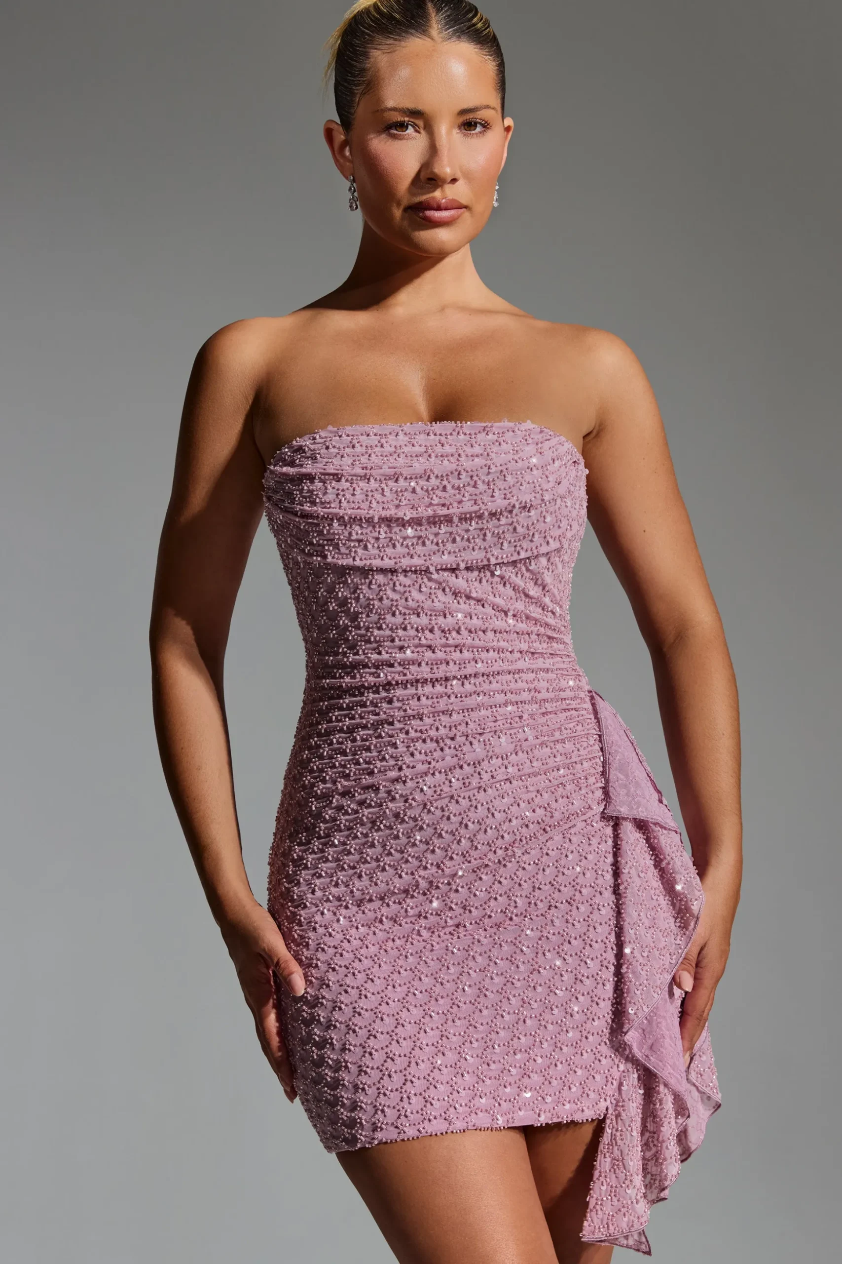 Oh Polly Homecoming Dresses | Birthday^Embellished Ruffled Cowl-Neck Bandeau Mini Dress in Mauve