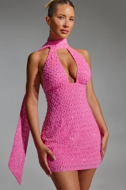 Oh Polly Party Dresses | Homecoming Dresses^Embellished Scarf-Detail Halterneck Mini Dress in Hot Pink HotPink