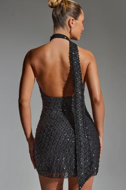 Oh Polly Party Dresses | Homecoming Dresses^Embellished Scarf-Detail Halterneck Mini Dress in Black