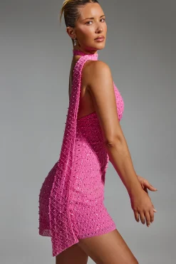 Oh Polly Party Dresses | Homecoming Dresses^Embellished Scarf-Detail Halterneck Mini Dress in Hot Pink HotPink