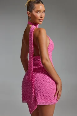 Oh Polly Party Dresses | Homecoming Dresses^Embellished Scarf-Detail Halterneck Mini Dress in Hot Pink HotPink