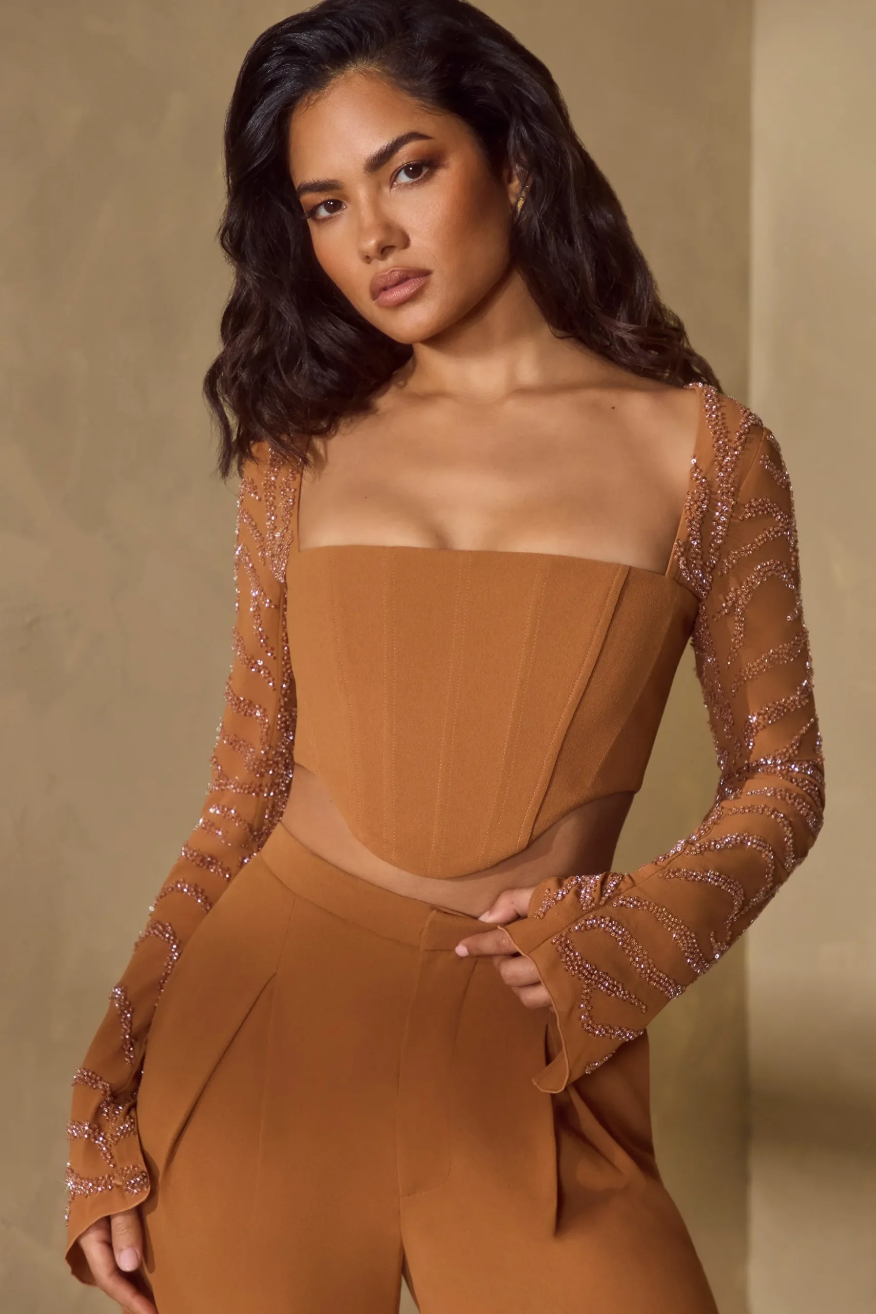 Oh Polly Women'S Clothing Sale - $65 And Under | Women'S Clothing Sale - $40 And Under^Embellished Sleeve Corset Crop Top in Caramel